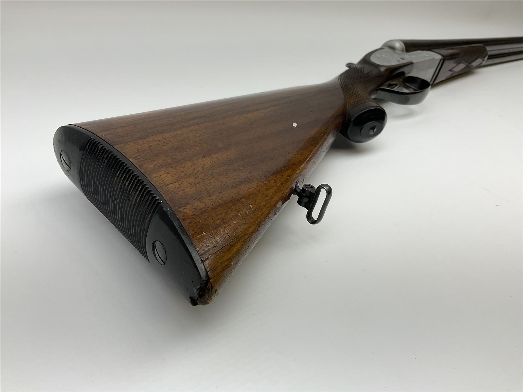 Czechoslovakian BRNO 12-bore side-by-side double barrel sidelock non-ejector sporting gun with Poldi electroplating, the action crudely inscribed '24040544 Pte. J. Ging 1st Battalion Loyal Regiment 1965-1968 Malta G.C.', walnut stock with chequered pistol grip and fore-end and thumb safety, one sling swivel, serial no.5199866, L114.5cm overall RFD ONLY AS LACKING VISIBLE PROOF MARKS
