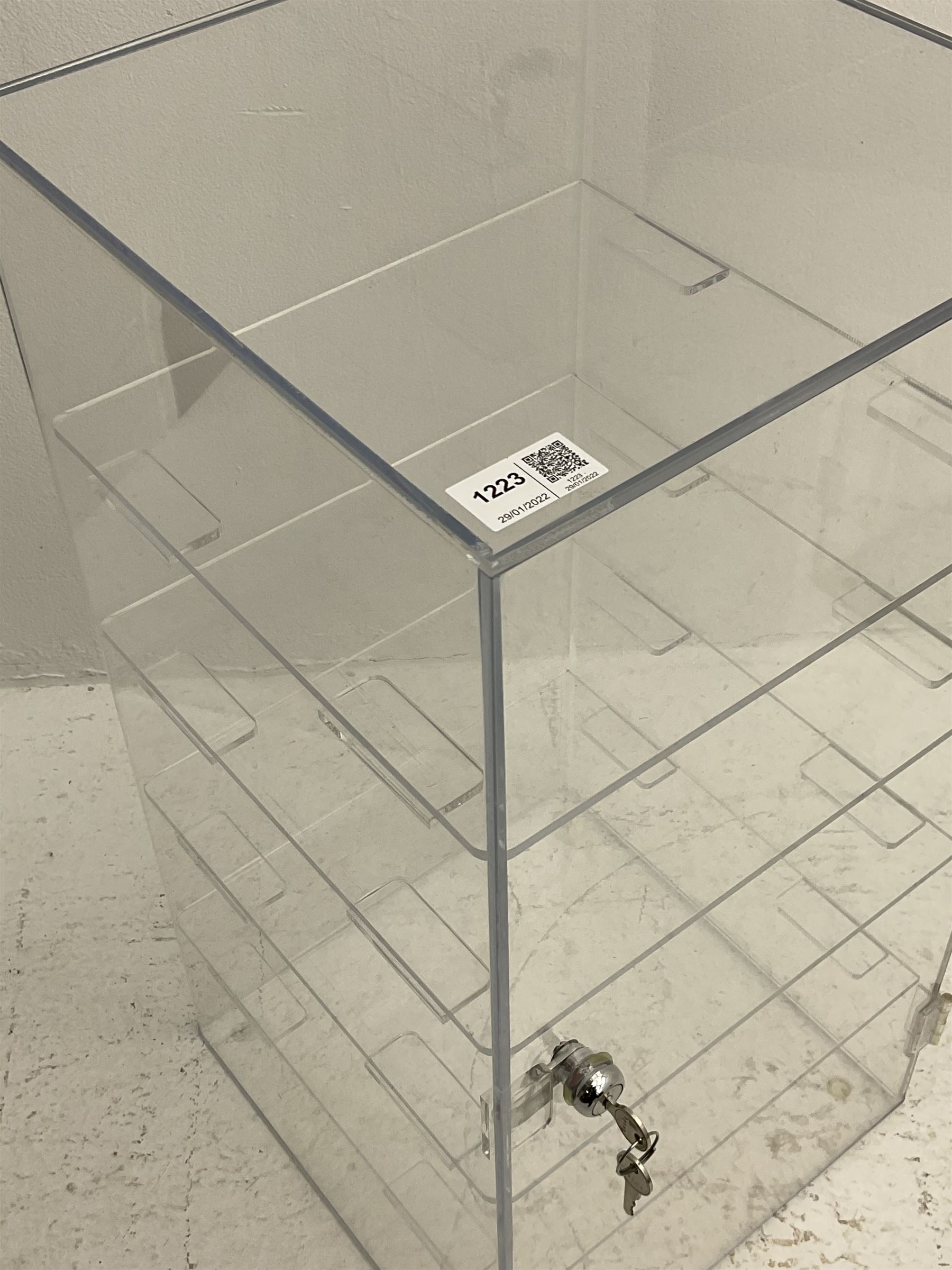 Two Perspex display lockable and fitted with shelves The