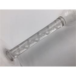 Set of three 18th century style wine glasses, each with funnel bowl etched with fruit vine, upon a double series air twist stem and circular foot, H17cm