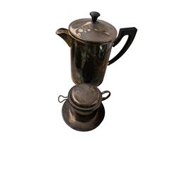 Collection of silver plate, including shell butter dish,  cafetiere, wicker handled coffee pot, etc