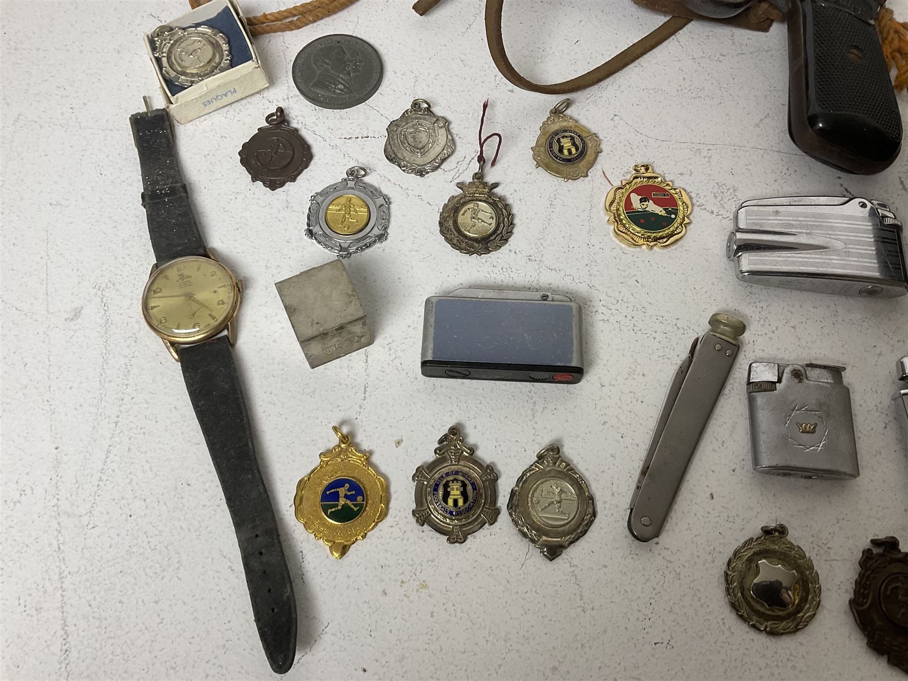 Webley junior air pistol, Kodak camera, collection of fob medals, lighters, etc