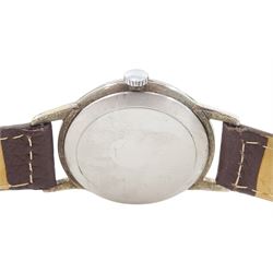 Ulysse Nardin gentleman's stainless steel manual wind wristwatch, silvered dial with baton hour markers, Arabic quarters and subsidiary seconds dial, on brown leather strap