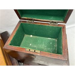 Collection of 19th century and later boxes for restoration, to include a mother of pearl inlay example, oak canteen, large mahogany example etc