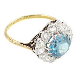 Early 20th century 18ct gold round cut blue zircon and old cut diamond cluster ring, zircon approx 3.35 carat, total diamond weight approx 1.10 carat