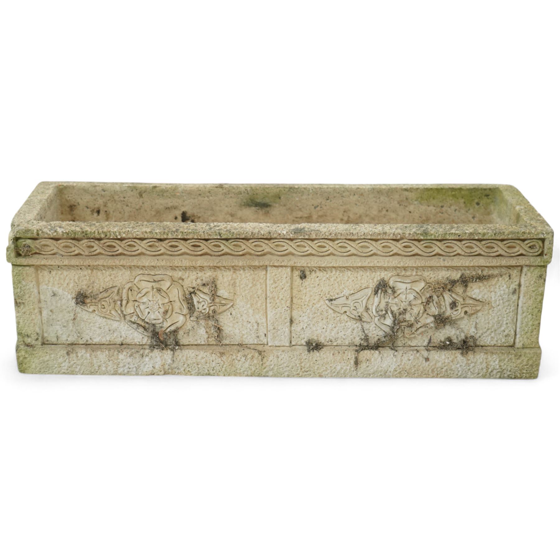 Cotswold Studios - set of three cast stone garden planters, comprising a rectangular trough with rose decoration (H 18cm, D 21cm, W 61cm) and two round pots with stylised floral and ropework borders (H 24cm, D 34cm)