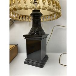 Coal bucket painted with flowers together with pair of bellows, boot scraper in the form of a beetle, wooden guillotine, composite table lamp with tassel lampshade and one other