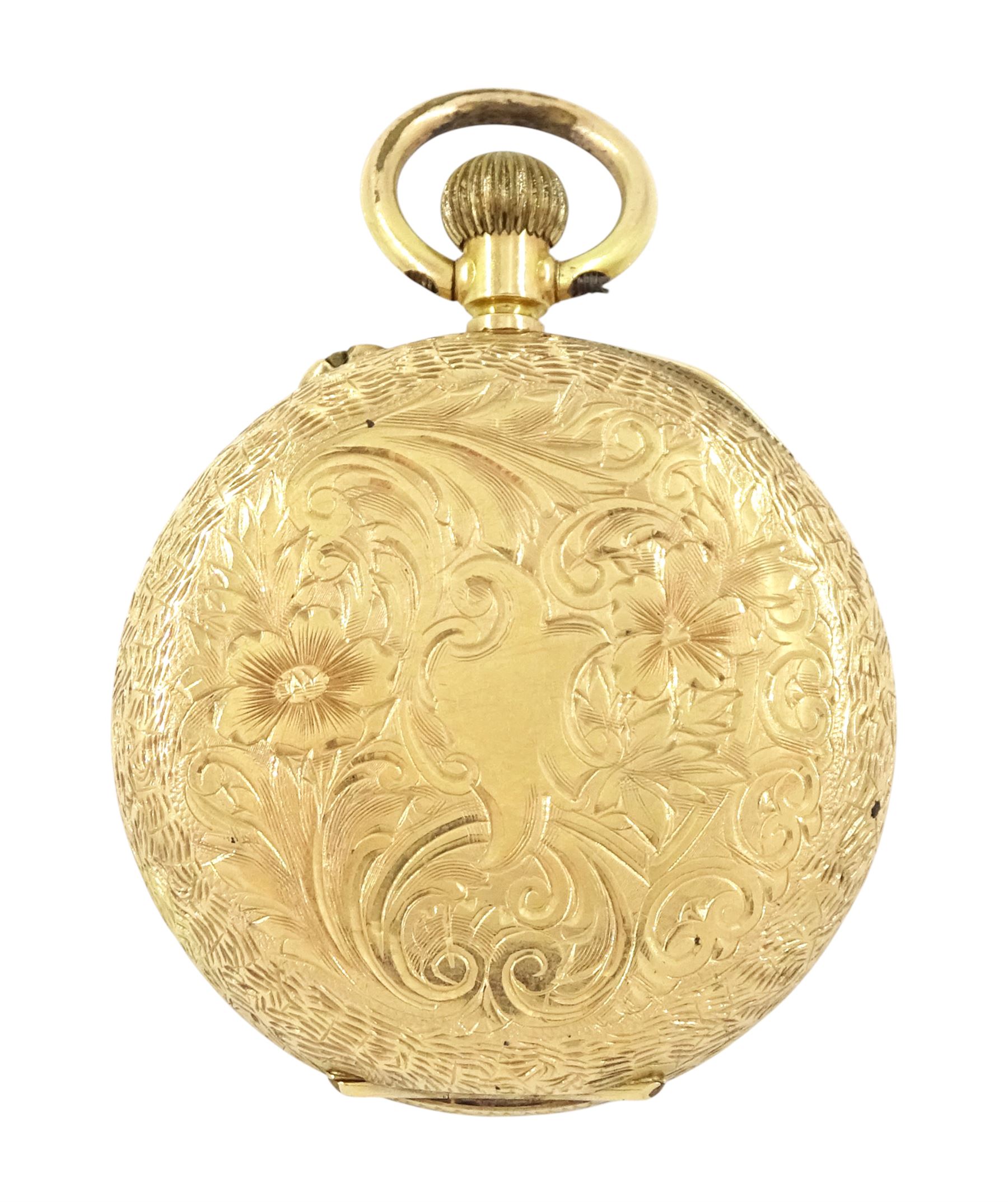 Early 20th century 14ct gold open face, keyless cylinder fob watch, white enamel dial with Roman numeral hour markers, case with engraved foliate decoration, stamped 14K