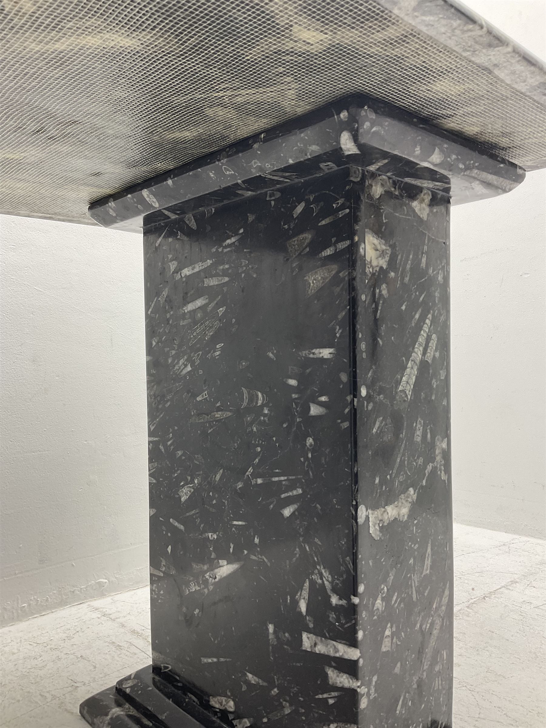 Marble hall table with orthoceras and goniatite inclusions, the rectangular top upon two rectangular stepped plinths, H75cm, L135cm, D78cm 