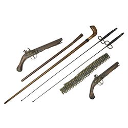  Leather covered swagger/sword stick with 40cm steel blade L62cm overall; another ash sword stick with 30cm diamond section steel blade; pair of fencing foils, the blades marked Solingen; two reproduction flintlock pistols; and 92cm inert cartridge belt (7)