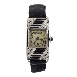 Art Deco platinum diamond and black onyx cocktail watch, on black ribbon

[image code: 7mc]