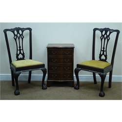  Pair Chippendale style mahogany dining chairs (W58cm maximum) and a four drawer serpentine chest (3)  