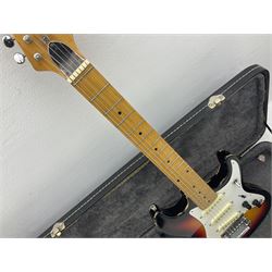 Fender style sunburst electric guitar with manuscript mark 'Zenta Stratocaster 1963' L97cm; in hard carrying case; another similar unmarked sunburst electric guitar; in gig bag; and Fender Frontman Amplifier, serial no.M473406 (3)