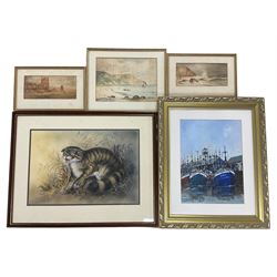 E Foster: Scarborough Harbour, acrylic signed; J Wilson: Cayton Bay and Whitby Abbey, thre...