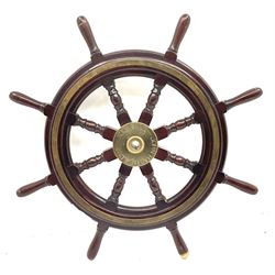 Mahogany and brass eight-spoke ships wheel, the brass hub inscribed John Hastie & Co. Ltd. Greenock D92cm