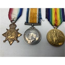 WW1 group of three medals comprising British War Medal, 1914-15 Star and Victory Medal awarded to 20478 Pte. F. Bradley Wilts. R.; all with ribbons; some biographical details