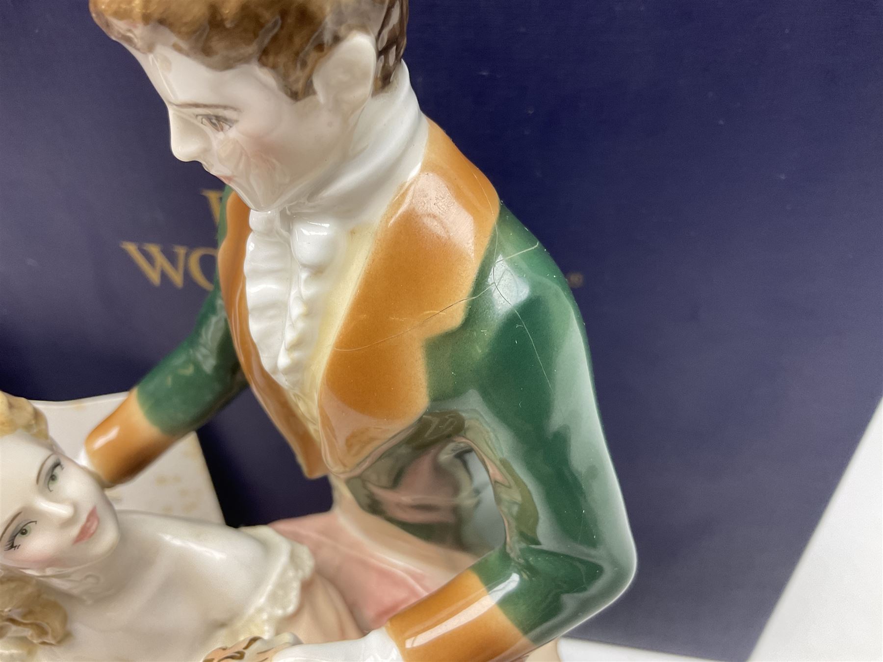 Two Royal Worcester figures, comprising A Gift of Love from the Age of Romance Series, limited edition 325/500, with certificate and original box and Royal Premier from the Glittering Occasions series, with original box 