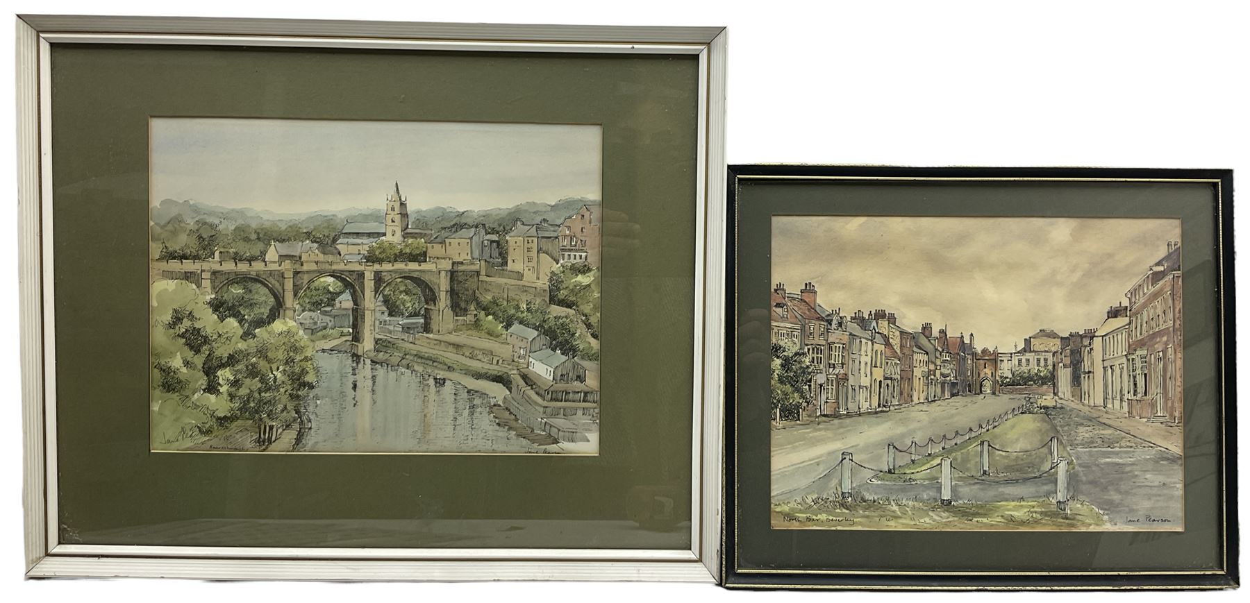 Jane Pearson (Yorkshire 20th century): 'Swaledale' 'Winer in Swaledale' and North Bar Beverley', three ink and watercolours together with a hand finished print of Knaresborough by the same hand max 34cm x 47cm (4)