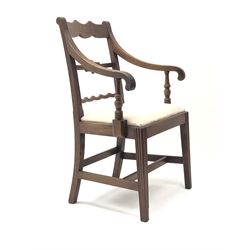  Set of eight George IV mahogany dining chairs, the shaped cresting rail and splat inlaid with ebony and boxwood strung panels, drop in seats with fluted square tapering front legs with H stretchers, including two elbow chairs, (8) mao0903  
