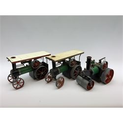 Two Mamod TE1A traction engines with steering rods; Mamod SR1 steam roller with steering rod; and Mamod lumber trailer, all unboxed (4)