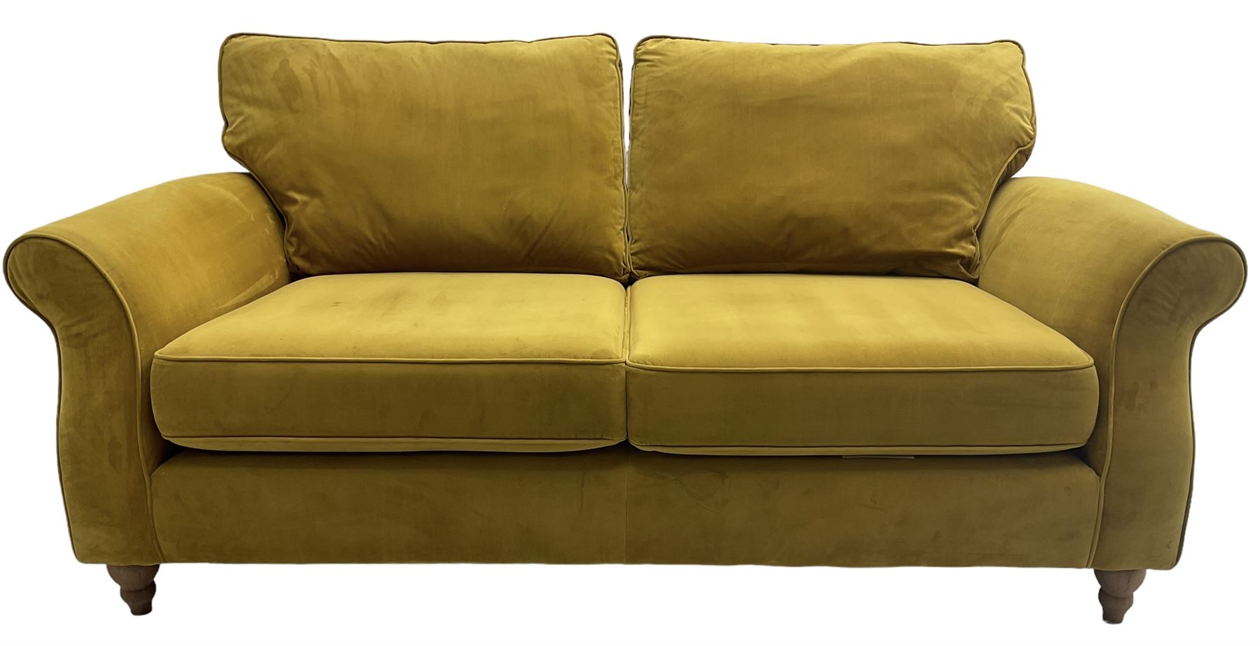 Next Furniture - traditional shaped three-seat sofa, upholstered in mustard velvet, rolled arms with pipping, on turned front feet