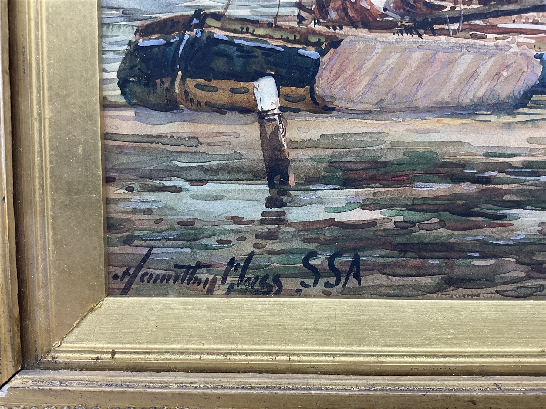 John Hamilton Glass (Scottish 1820-1885): Dutch Fishermen on the Shore, watercolour signed 24cm x 34cm; Manner of Henry Barlow Carter (British 1804-1868): Boats Unloading on the Shore, watercolour unsigned, various labels verso 17cm x 24cm; R Bayles (British 20th century): 'Morning Mists', watercolour signed titled and dated 1947, 14cm x 26cm (3)