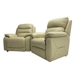 Contemporary three seat reclining sofa, upholstered in cream leather (W205cm); with pair matching reclining armchairs (W100cm D95cm H105cm)