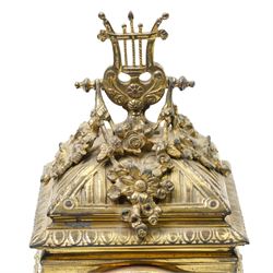 Early 20th century mantel clock with white enamel dial, French timepiece movement and recoil anchor escapement in brass case with lyre finial, trailing garlands and wreaths etc on scroll feet H30cm 
Provenance: property of a Nobleman