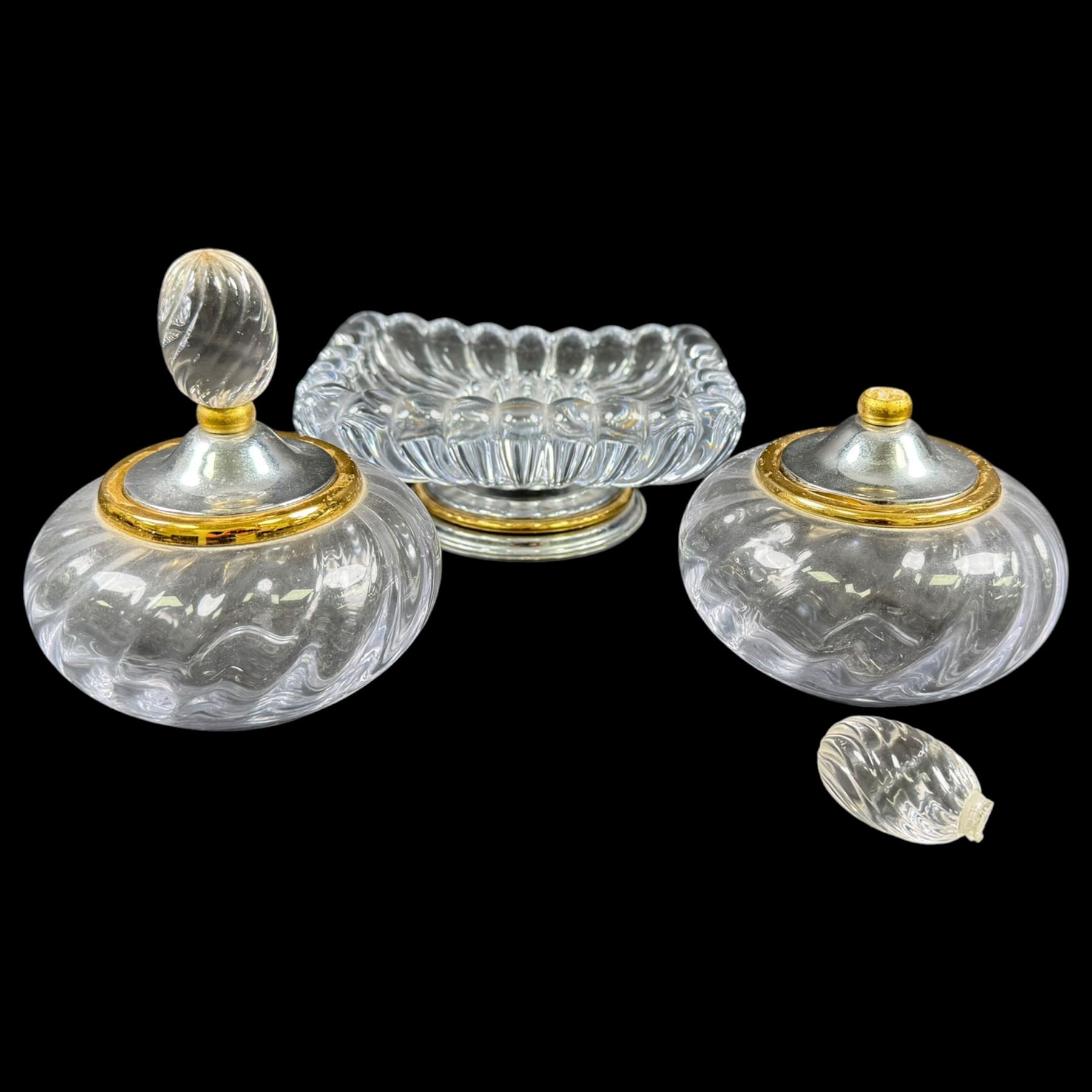  Glass vanity dish and pair of lidded vessels, retailed by Harrods, dish L17cm, H7cm