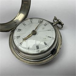 George III silver pair cased verge fusee pocket watch by Harry Niblett, Dorking, No. 5991, white enamel dial with Arabic numerals and outer minute ring, case makers mark TG, London 1787 