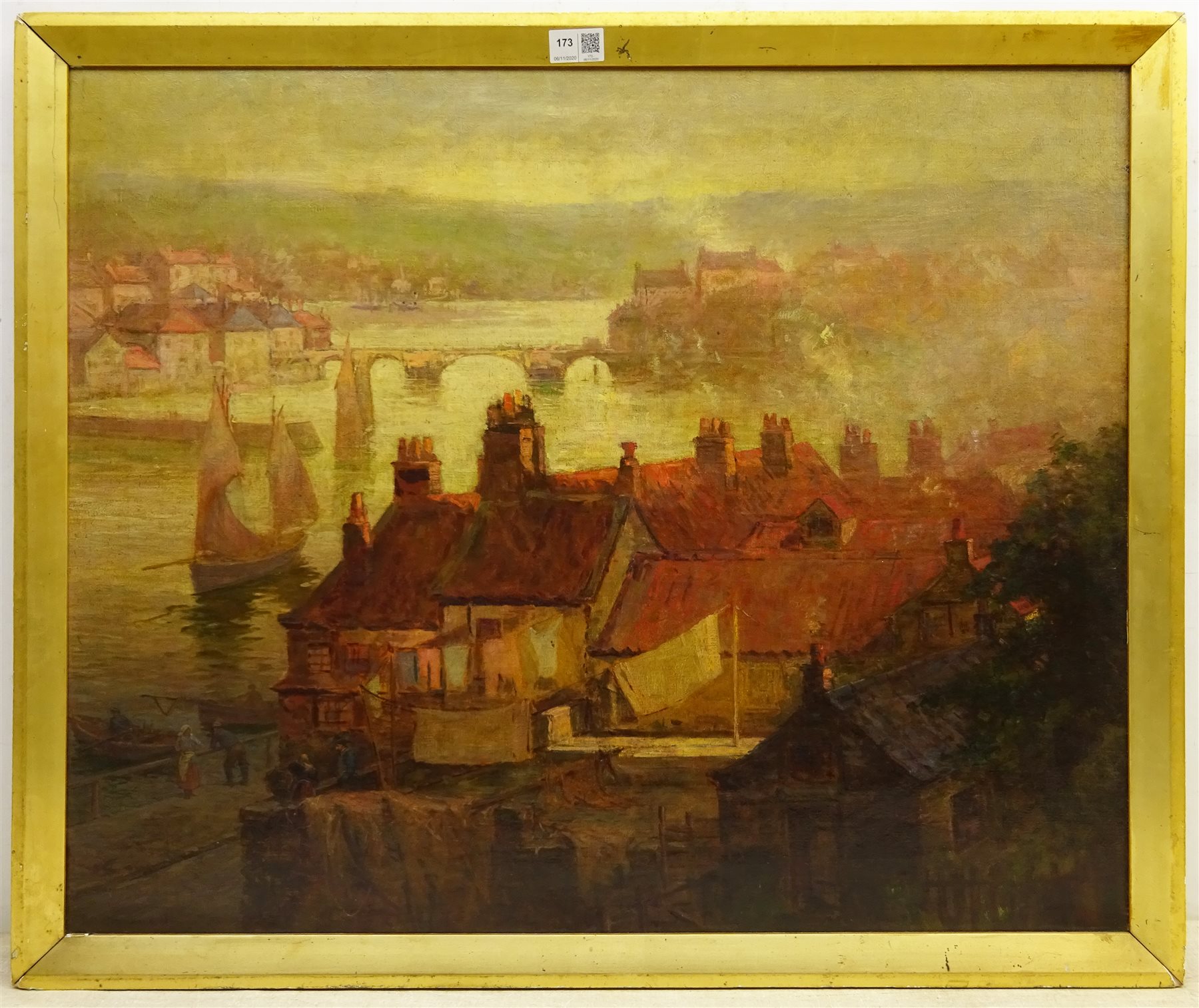 Julian Edward Drummond (British 1866-1911): Whitby Rooftops and Harbour, oil on canvas signed and dated 1903, 61cm x 75cm
