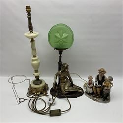 Art Deco style bronzed and gilded spelter figural table lamp with green Uranium glass shade; H48cm, another table lamp; and a bisque group