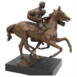 Bernard Winskill  (d1980) - 'Upsides on High Moor' a bronze group of two horses and riders, signed, on wooden base 45cm x 48cm