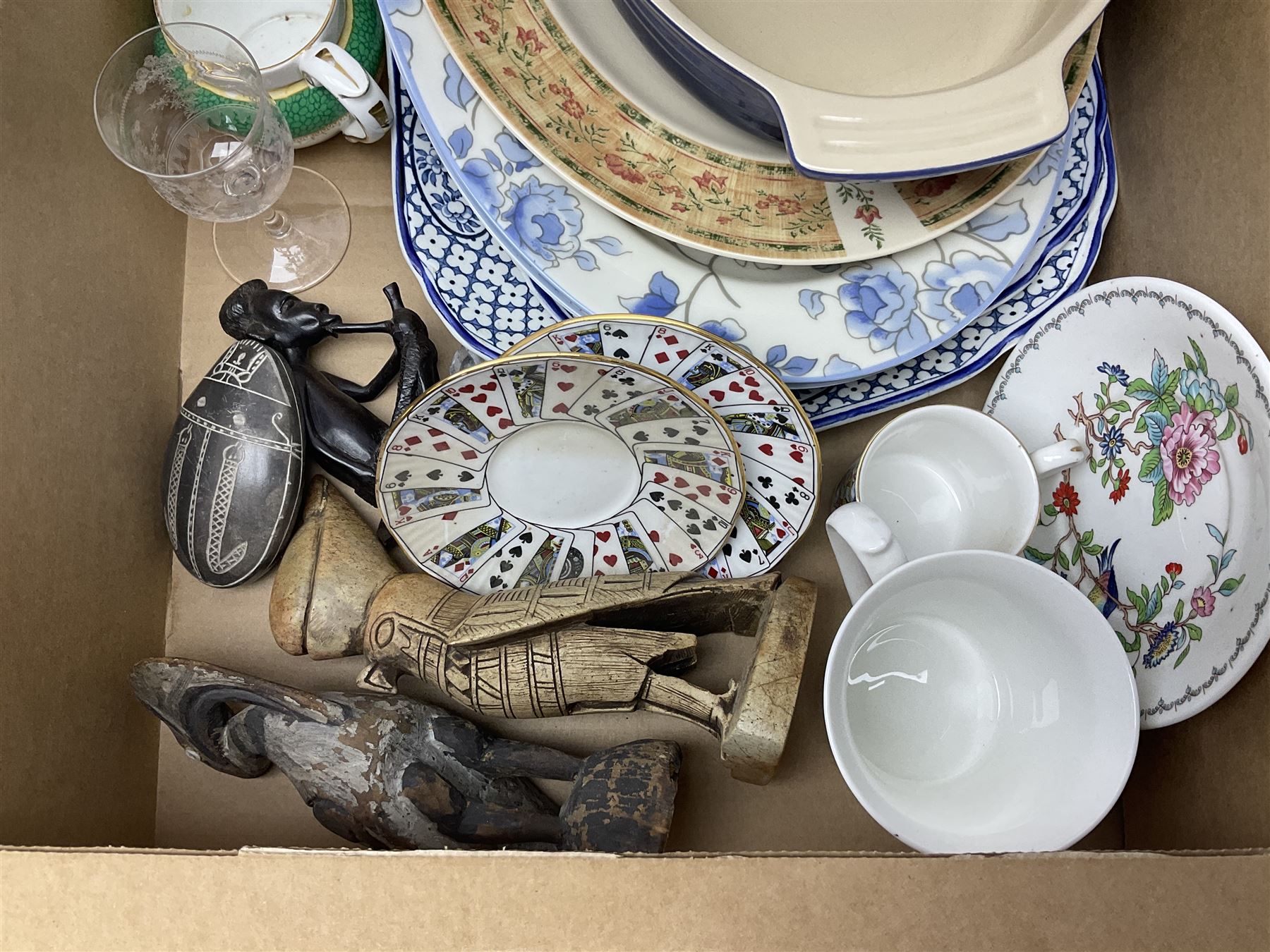 Portmeirion Botanic Garden jug, Poole Pottery planter, Denby coffee pot, Wedgwood Jasperware trinket box, Le Creuset oven dish and a collection of other ceramics, etc, in four boxes 