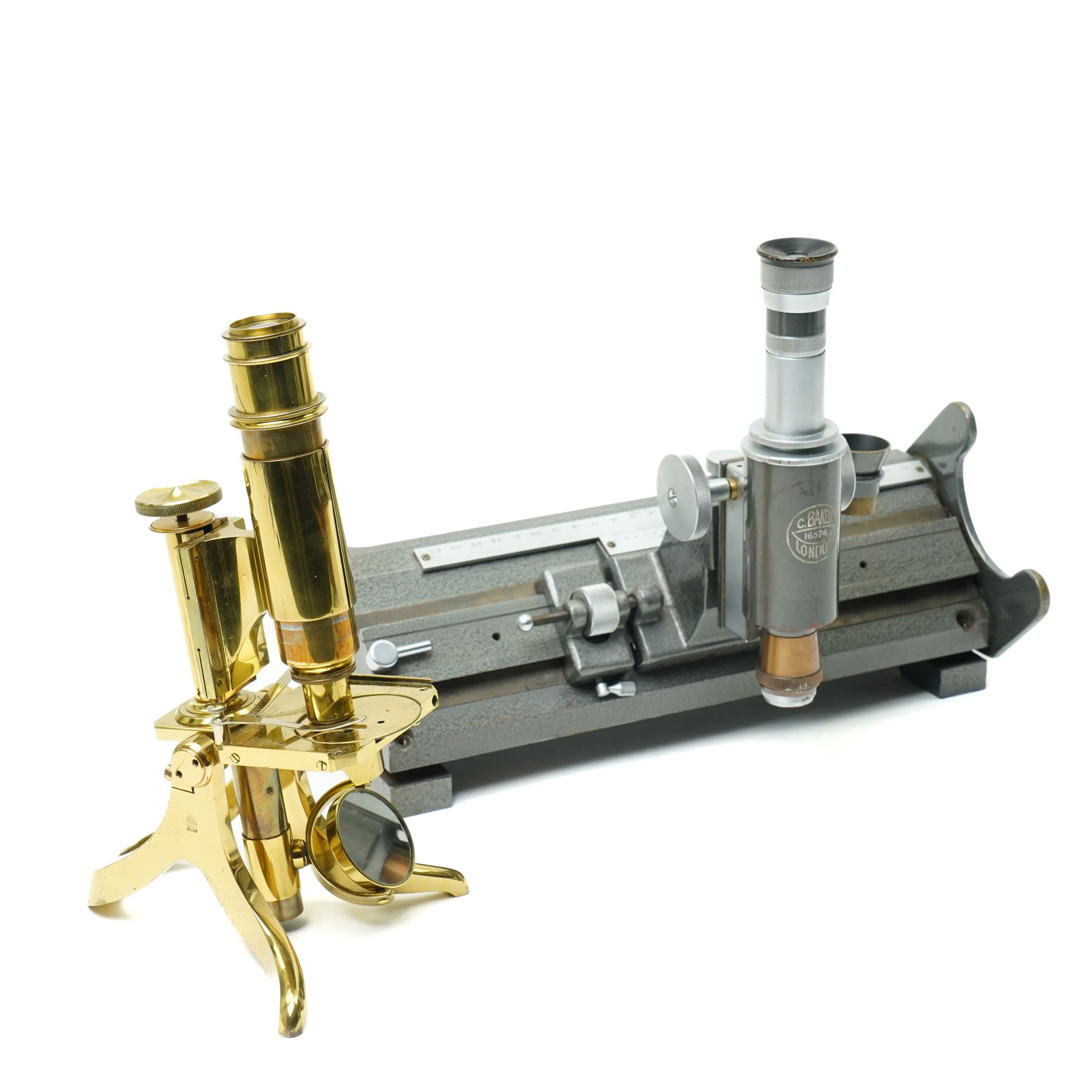 Baker of London travelling microscope with Chesterman vernier scale No16574 and a Swift brass microscope 