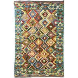 Chobi kilim multi-colour ground rug, overall geometric design, the wide border decorated with geometric motifs 