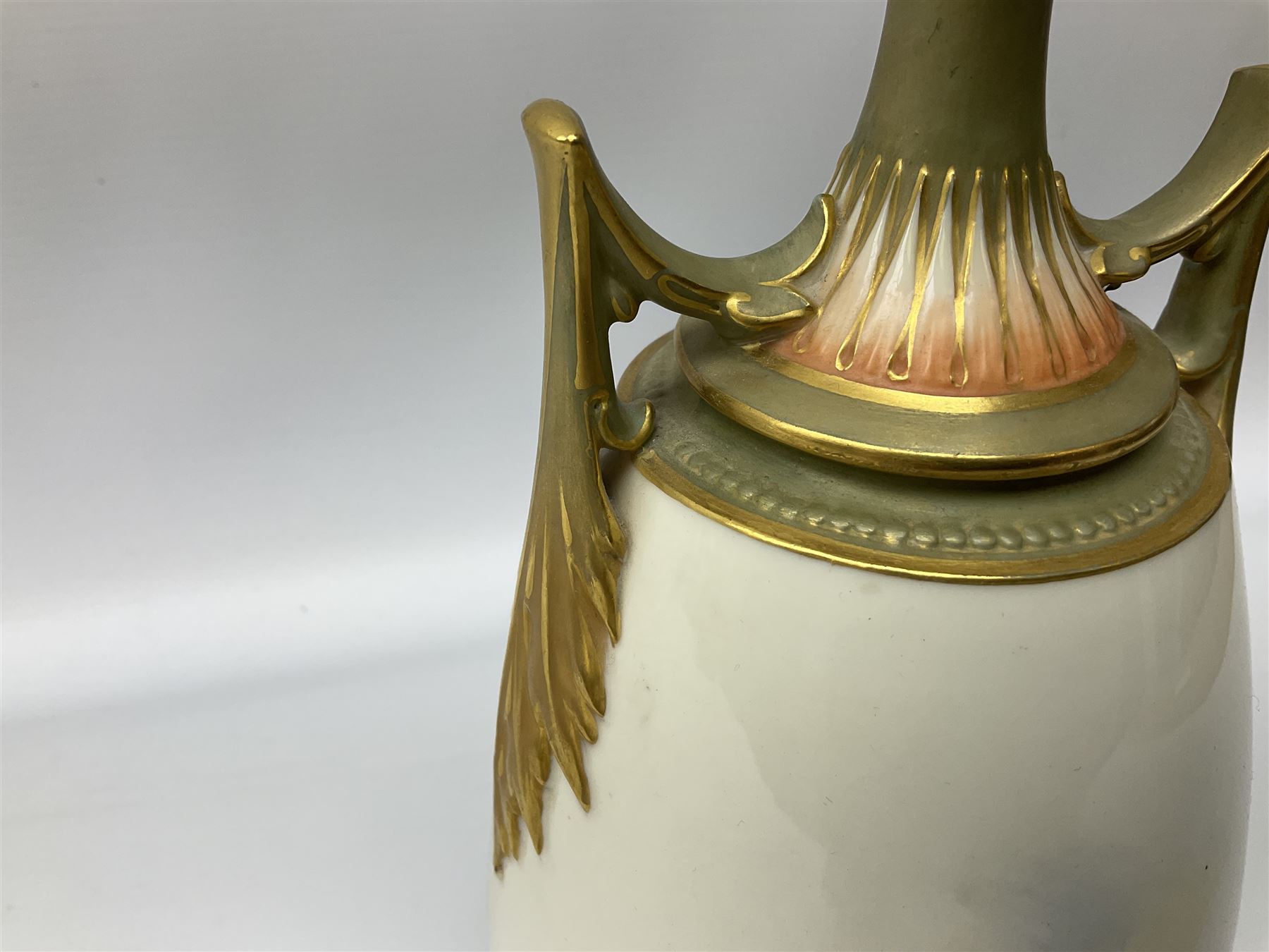 Early 20th century Royal Worcester vase decorated by Harry Davis, of ovoid form with twin acanthus mounted handles and waisted high neck supporting a domed cover, upon a circular foot, the body hand painted with sheep in a highland landscape, signed H Davis, with puce printed marks beneath including shape number 2425, and date code for 1907, H27.5cm