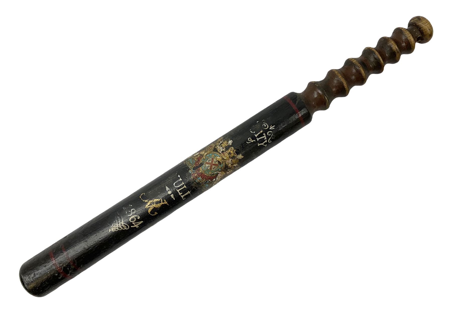City of Hull Police - Victorian painted ebonised truncheon with Royal crest, Victoria cypher, 'City of Hull' and 1864 L43cm  