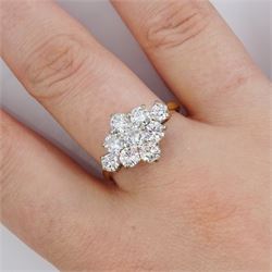 18ct gold diamond cluster ring, nine round brilliant cut diamonds, in a marquise shaped setting, London 1988, total diamond weight approx 1.65 carat