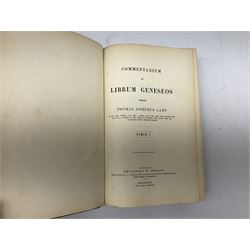 Eighteen 19th century leather bound books including Oeuvres Completes De Voltaire. 1827 Paris. Two volumes; Oeuvres De Pierre Corneille. 1892 Paris; Commentarium in Librum Geneseos Scripsit Thomas Josephus Lamy. 1883 Mechliniae; etc (18)