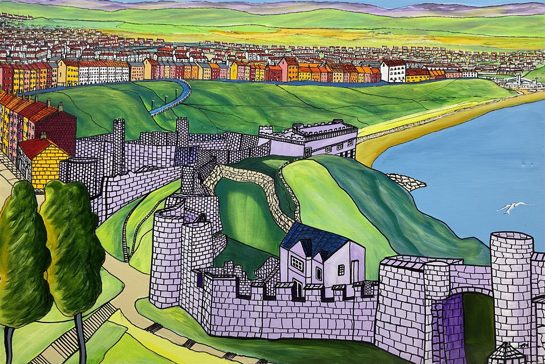 Tom Rayner (Scarborough 1948-2023): Scarborough North Bay from the Castle, acrylic on canvas signed 61cm x 91cm (unframed)