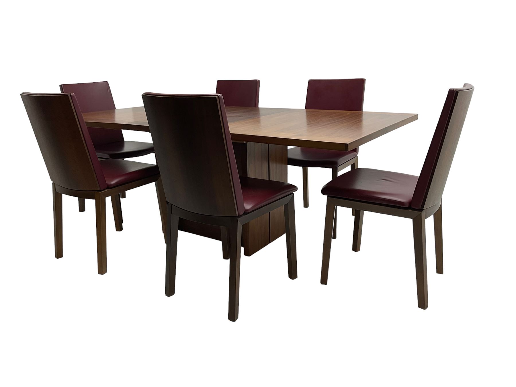 Skovby - Danish mid-20th century design teak extending dining table, rectangular top on pedestal base (W146cm D99cm H92cm); Skovby - set six Danish stained beech dining chairs, back and seat upholstered in oxblood faux leather (W47cm H90cm)