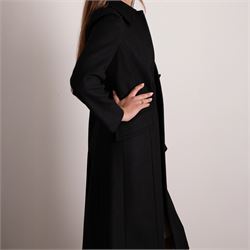 Prada - black Melton wool coat, in a redingote style with front fastening and fabric-covered buttons, flap pockets and a structured collar with slit to the back, size 44, unused with the original garment bag and hanger