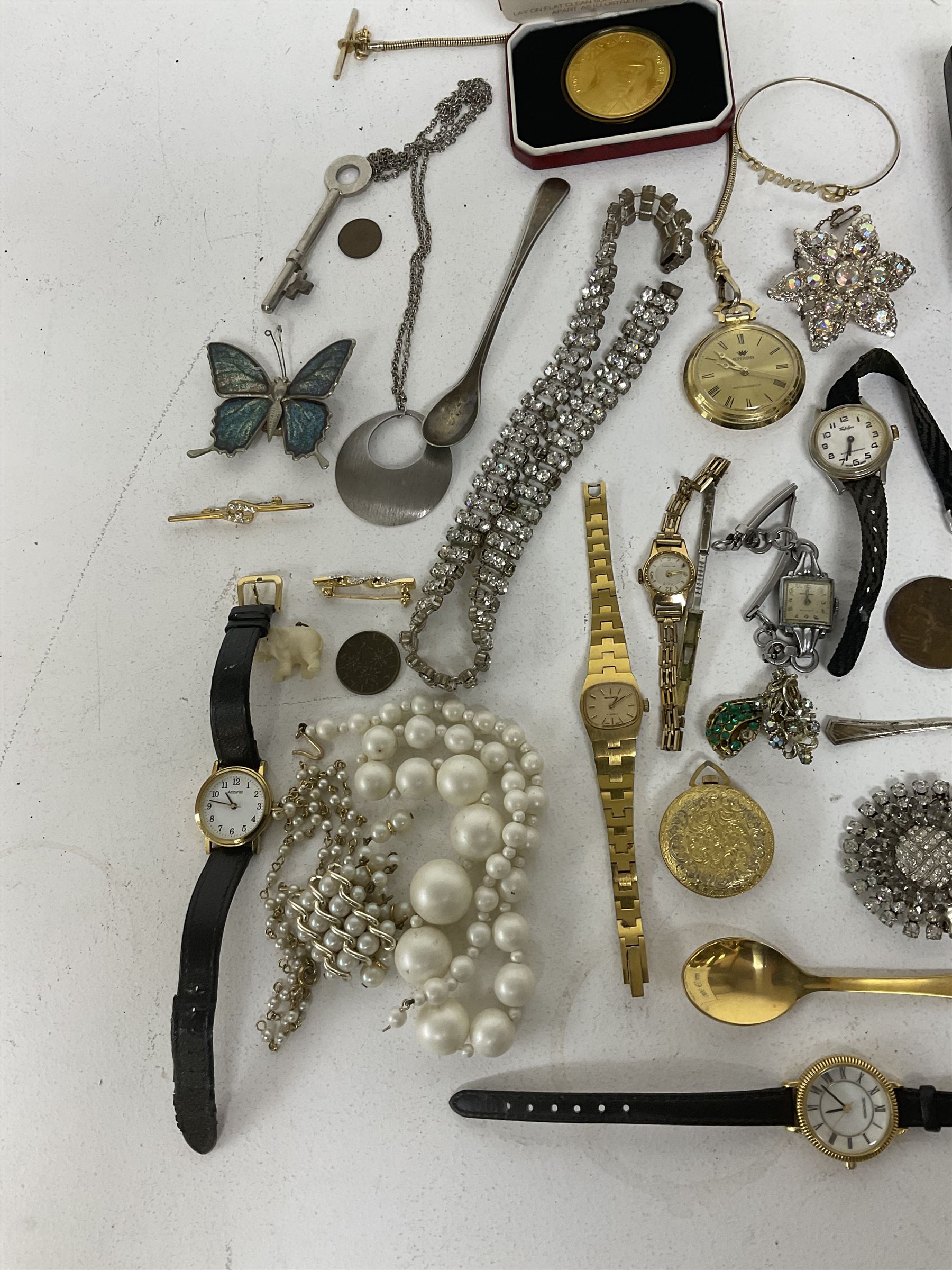 Silver horseshoe stick pin, silver cross pendant, silver-gilt Pobjoy Mint Earl Mountbatten of Burma commemorative medal, a collection of costume jewellery including brooches, necklaces and wristwatches and three base metal vesta cases 