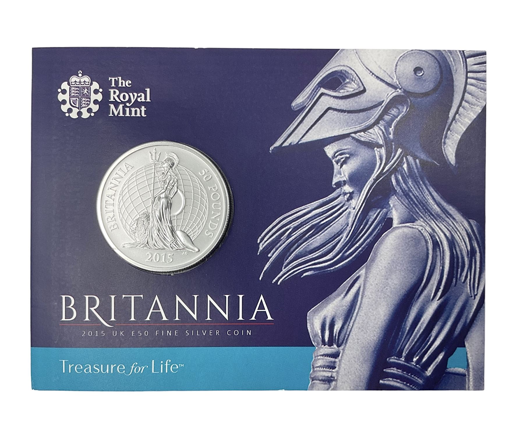 The Royal Mint United Kingdom 2015 fine silver fifty pound Britannia coin, on card