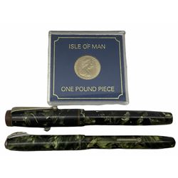 Two fountain pens - Mentmore Auto-Flow and Conway Stewart 75, both with green marbled pearl effect bodies and 14ct gold nibs; and an Isle of Man proof £1 coin in perspex case (3)