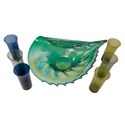 Large green studio glass conch shell bowl, with lustre finish, together with six coloured glasses, bowl W44cm