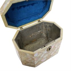 19th century mother of pearl tea caddy, of rectangular form with canted corners, the hinged lid enclosing a single lidded compartment, raised upon bun feet, H11cm D10cm L13cm
This item has been registered for sale under Section 10 of the APHA Ivory Act 