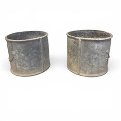 Pair of 19th century Neoclassical design lead garden planters of cylindrical form, the body decorated with an ornate central urn with swags and foliate design, flanked by festoons of bellflowers with roundel motifs