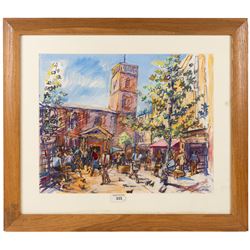 Mary Goudie Simpson (British 1869-1934): 'Vegetable Stall - Bruges', gouache signed, titled verso; Jean Fletcher (British 20th Century): 'St Anne's Square', mixed media signed and dated '95; together with two still lifes, oils on board signed K T and L I Warburton one dated 1906 max 45cm x 45cm (4)