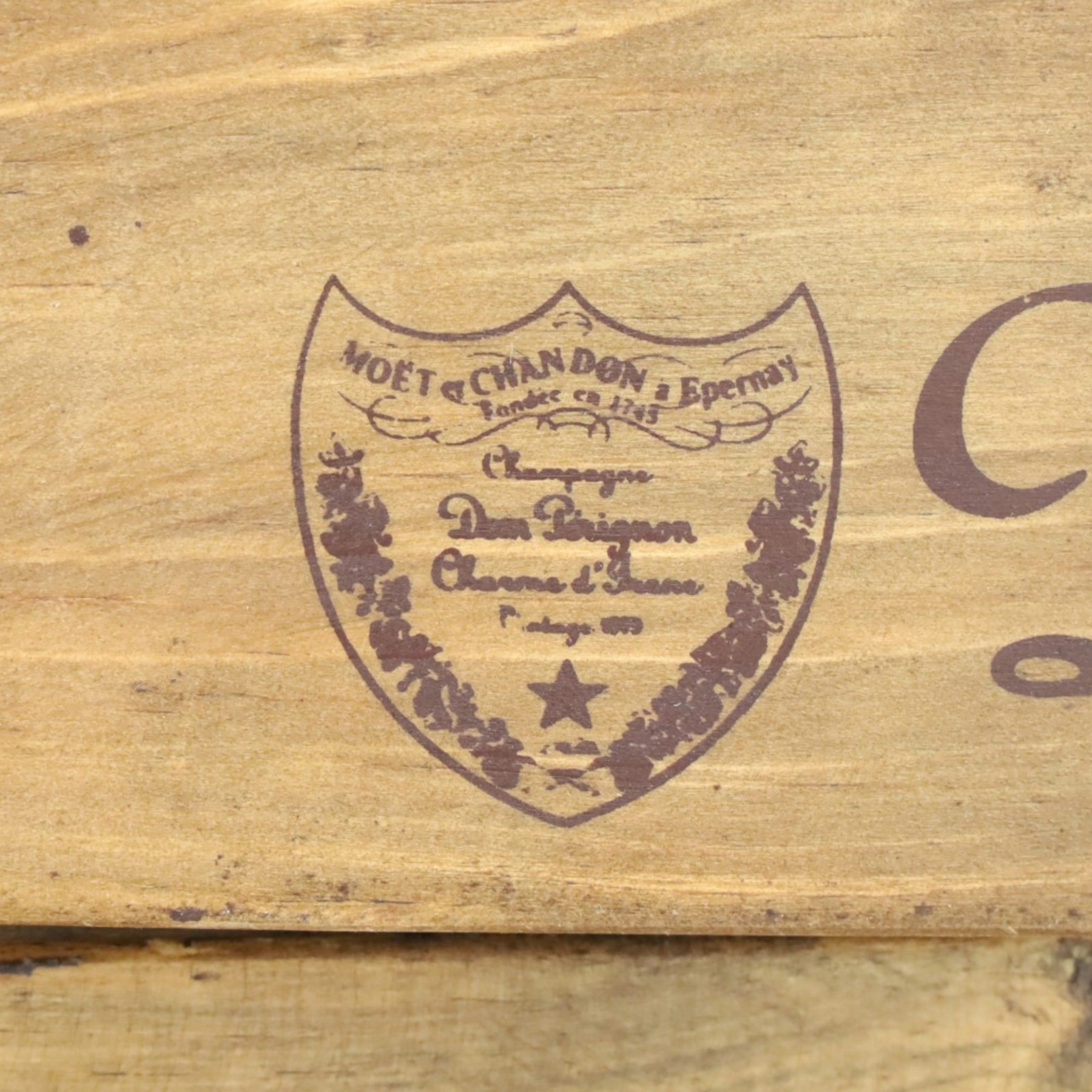 Champagne butler’s tray on stand, the wooden tray printed with champagne bottles and brand names, with cutout handles, raised on a folding stand